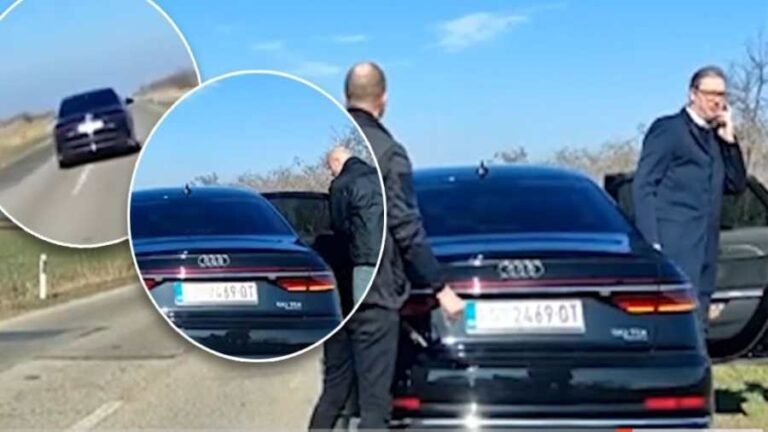 Kiemelt képen_ Vucsics szerb elnök sértetlenül száll ki a balesetet szenvedett autóból / Fotó: Informator