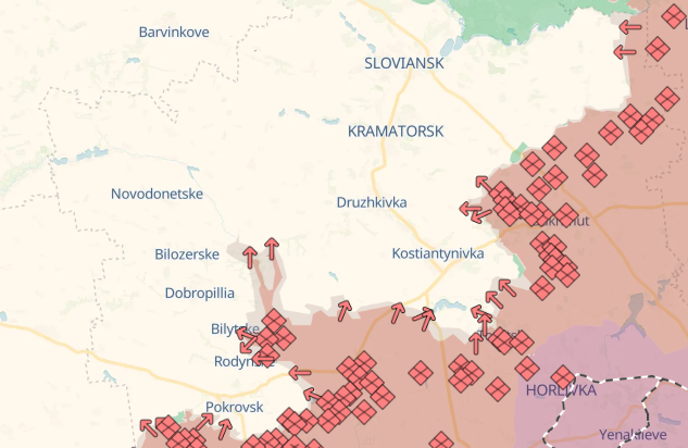 Az ukrajnai front donyeck megyei szakasza, középen a dobropillai kitöréssel (Fotó: DeepStateMAP)