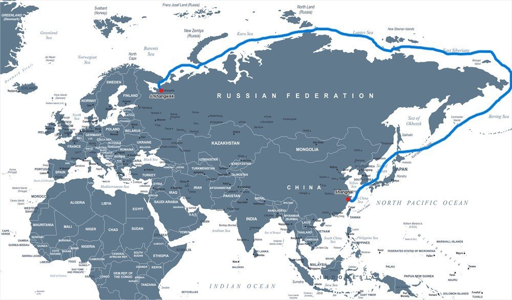 A térképen Arhangelszk és Sanghaj piros ponttal jelölve.