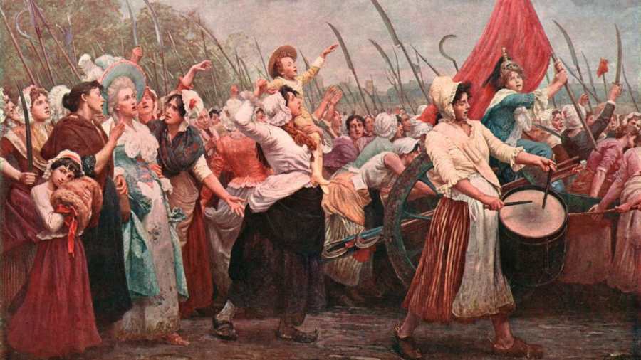 Kiemelt kép: festmény / ismeretlen művész / a Sheffield Múzeumok gyűjteményéből / Kaszákat forgató és dobokat ütő francia nők vonulnak be a versailles-i palotába. Több ezer nő vett részt a menetelésen 1789. október 5-én. [Cassell and Company Ltd, London, kb. 1902.] / Getty Images